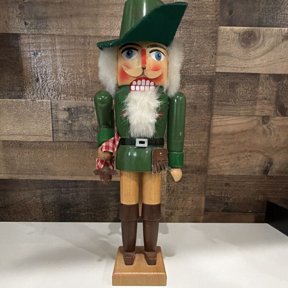 Hand Painted Wooden Christmas Nutcracker Green w/ Checked Fabric Bag & Rabbit